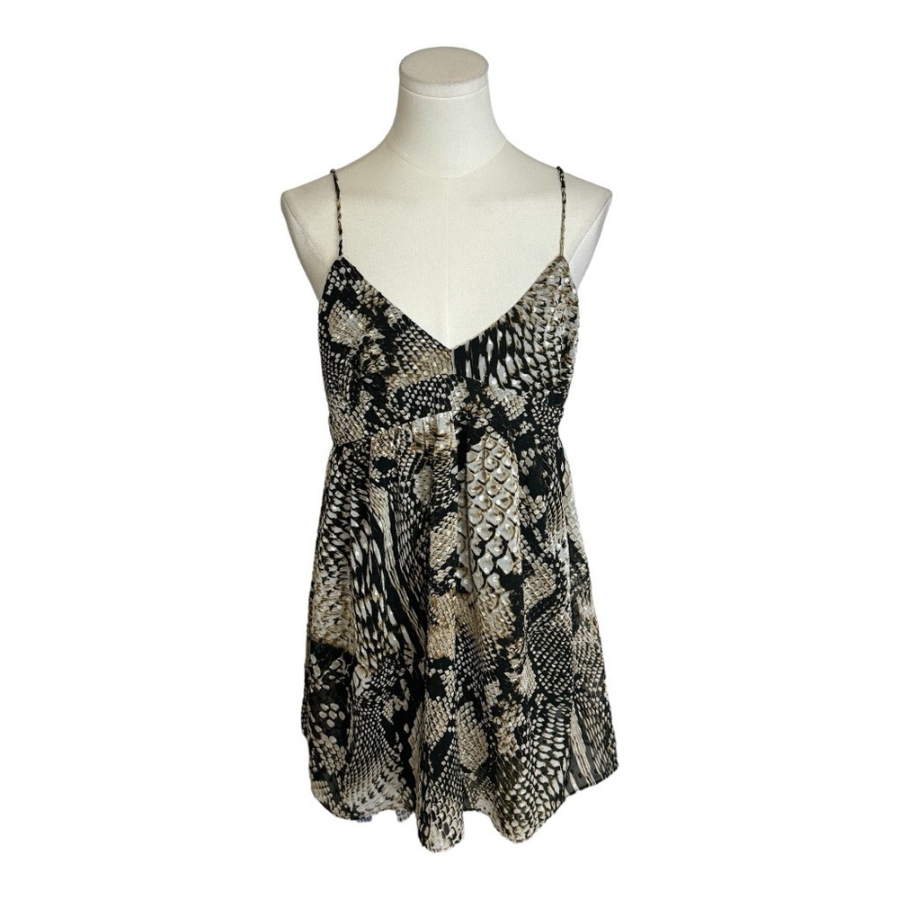 ZARA Plumetis Snake Print Mini Dress Lined Spaghetti Strap Size S Black Gold - Picture 5 of 12